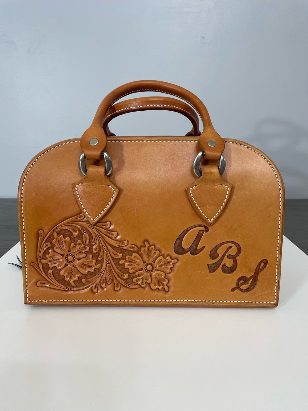 Ed Galantra Leather Handbag Western Tooled Floral Tan Brown